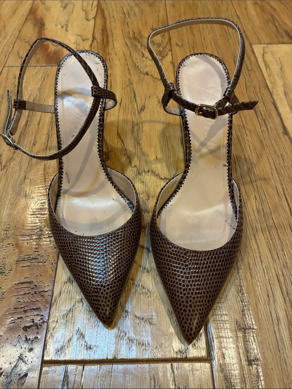 J. Crew Pointed Toe Ankle Strap Pumps in Brown Lizard-Texture